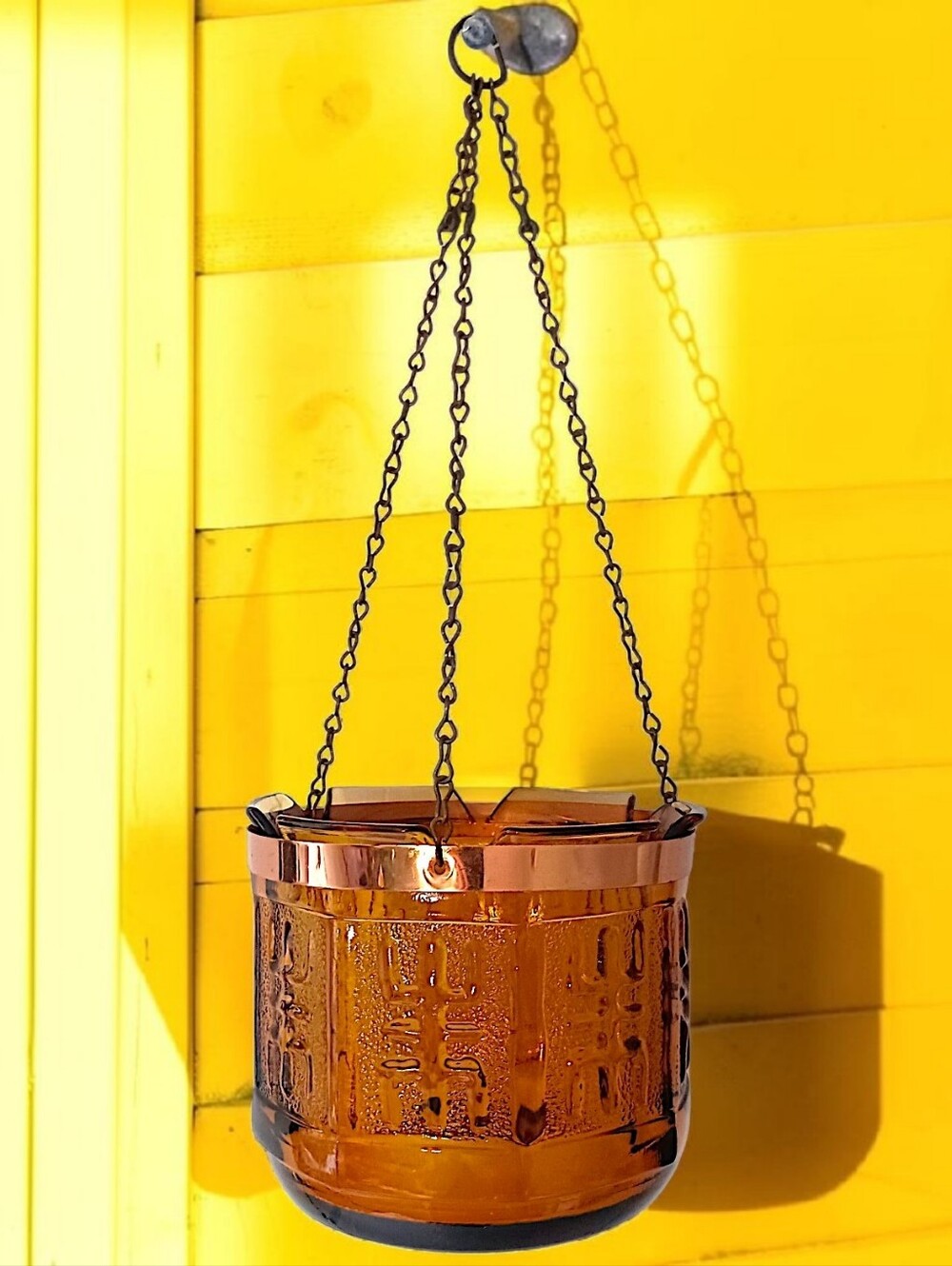 Vintage‎ Amber Glass Hanging Planter Pot Chain Princess House MCM Candle Holder